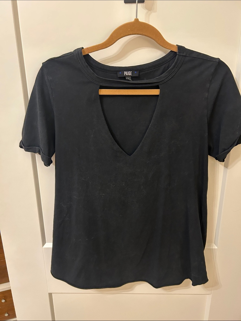 PAIGE Black V-Neck Short Sleeve Tee with Front Cutout